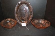 Pink Depression Glass Rose Pattern Tray and Pair of Serving Dishes