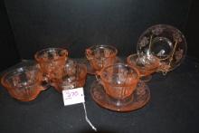 Group of Pink Depression Glass Rose Pattern including 6 Cups and 4 Saucers