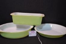 Group of 3 Pyrex Lime Green Baking Dishes including Pie Plate, Round Pan, and Loaf Pan