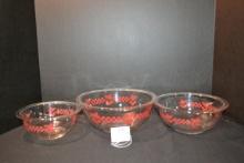 Set of 3 Pyrex Clear Glass Mixing Bowls w/Cherry Pattern