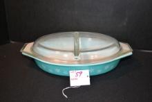 Pyrex White Snowflake on Turquoise Divided Baking Dish w/Lid