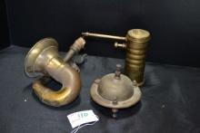 Brass Hotel Counter Bell, Eagle Brass Oil Can, and Vintage Brass Horn