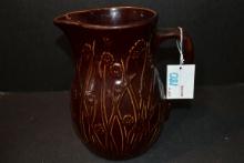 Vintage Brown Glazed Pottery Water Pitcher; Flower Pattern