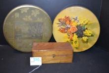 Vintage Cake Tins and Wooden Trinket/Panel Box