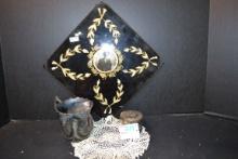 Victorian-Style Reverse-Painted Glass Picture Frame, Silver Plate Mustache Cup, and Collapsible Drin