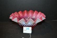 Vintage Cranberry Opalescent Crimped Edge Hobnail Console Dish; 10"x4"