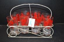 Group of 8 Red Morning Glory Swig-Swag Glasses w/Wire Rack