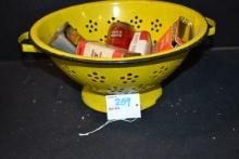 Group of Vintage Spice Tins and Yellow Enamel Colander