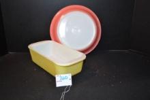 Pair of Yellow and Pink Desert Dawn Pyrex Pie and Loaf Pans