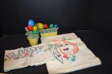 Group of Vintage Tea Towels and 2 Flower Pot Measure Spoon Wall Pockets