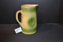 Unmarked McCoy 1920s Green/Yellow Glazed Grape Motif Stoneware Pitcher; 8"; Chip on Spout