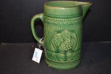 Unmarked McCoy 1920s Green Glazed Grape Motif Stoneware Pitcher; 9"; Hairline Crack in Side