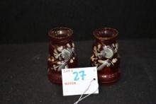 Vintage Handpainted Mini Floral Cranberry Vase; Made in Czechoslovakia; 3"