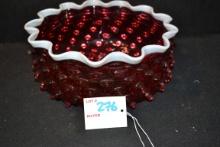 Antique Hobbs Brockunier Dew Drop/Hobnail Cranberry Red w/White Rim Scalloped Edge Dish; 8"