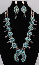 TURQUOISE SQUASH BLOSSOM NECKLACE & EARRINGS