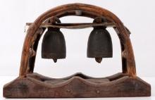 VINTAGE THAILAND BRONZE BELLS IN WOOD HOOP FRAME