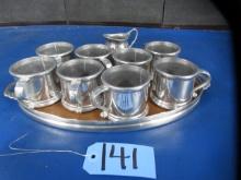 8 PEWTER CUPS, TRAY AND PITCHER