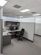 4-Way Assembled office cubicles with desks and overhead shelf