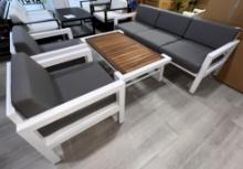 "Addison", a 4 Piece Outdoor Patio Furniture Set, with a 3 Seater Sofa, (2)Arm Side Chairs, and Teak