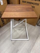 Side Table with Teak Top and The Powder Coated Frame  is Finished in Light Grey