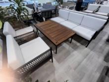 "Newport", a 4 Piece Outdoor Furniture Set with a 3 Seater Sofa, (2) Arm Chairs and Teak Coffee Tabl