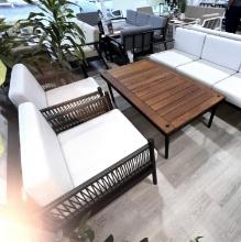 "Newport", a 4 Piece Outdoor Patio Furniture Set with a 2 Seater Sofa, (2) Arm Side Chairs, and Teak