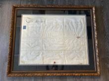 BEAUTIFULLY MATTED AND FRAMED 18TH CENTURY ENGLISH NOTICE OF INDENTURE w/STAMP & WAX IMPRESSION