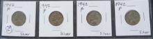 (4) 1942- Jefferson Nickels