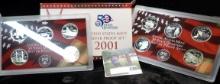 2001 S & 2002 S U.S. Silver Proof Quarter Sets in a 2001 Proof Set box. ($2.50 face in 90% Silver).