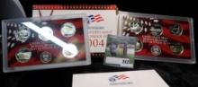 2005 S & 2006 S U.S. Silver Proof Quarter Sets in a 2004 Proof Set box. ($2.50 face in 90% Silver).