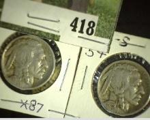 1916 P & 23 S Buffalo Nickels, both VG or better.