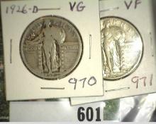 1926 D VG & 1927 P VF U.S. Standing Liberty Silver Quarters.