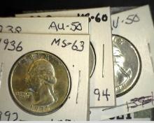 1936 P, 38 S, 39 P, & D Washington Quarters, AU-BU.