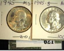 1945 P & 45 S   World War II era Silver Washington Quarters, AU-Gem BU.