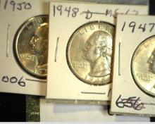 1947 P, 48 D, & 50 P Silver Washington Quarters, all BU.