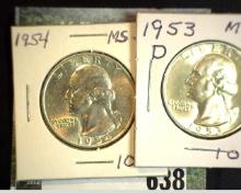 1953 D & 54 P Silver Washington Quarters, both BU.