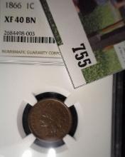 1866 Indian Head Cent NGC slabbed XF BN.