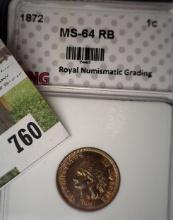 1872 Indian Head Cent, RNG slabbed MS-64 RB.