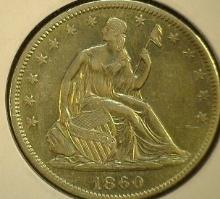 1860 P U.S. Seated Liberty Half Dollar, AU.