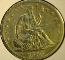 1869 S U.S. Seated Liberty Half Dollar, Fine details cleaned.