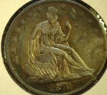 1871 P U.S. Seated Liberty Half Dollar, Colorfully Toned EF+.