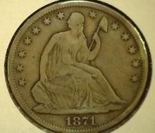 1871 S U.S. Seated Liberty Half Dollar, Fine.