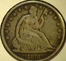 1873 P U.S. Seated Liberty Half Dollar, VF.