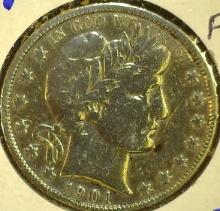 1901 P Barber Half Dollar, Fine details cleaned.