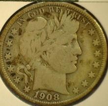 1908 D Barber Half Dollar, VG.