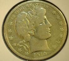 1910 S Barber Half Dollar, Fine.