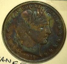 1911 S Barber Half Dollar, Colorfully retoned EF+.