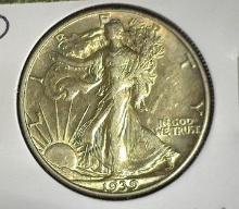 1939 D Walking Liberty Half Dollar, AU.