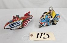 Tin Rocket Racer & Tin Wind-up Motorcycle Toy