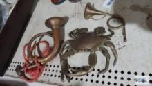 Brass crab and miniature brass horn decorations